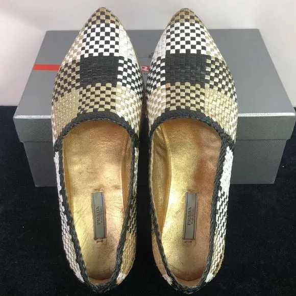 PRADA Black White Gold Woven Slip Ons