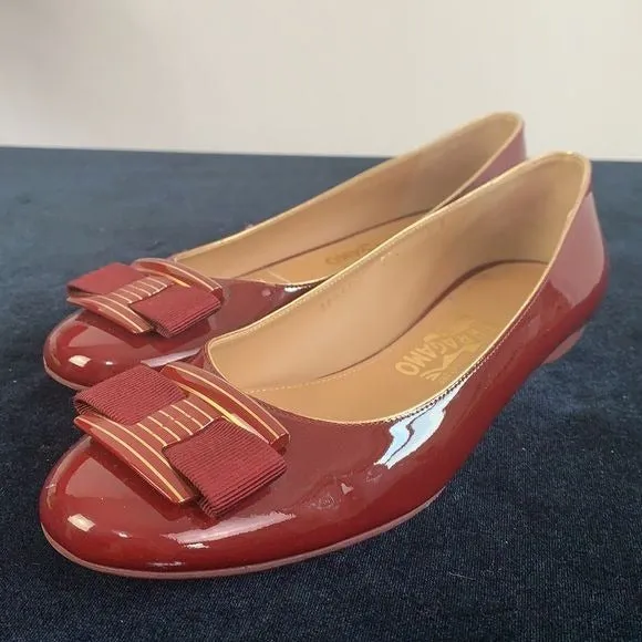 Salvatore Ferragamo wine patent low heel shoes