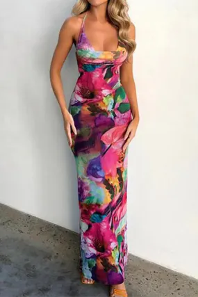 Sexy Flowers Frenulum Backless Halter One Step Skirt Dresses