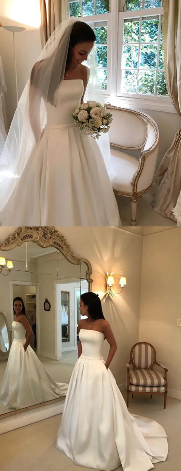 Simple Ivory Satin Strapless With Pockets Ball Gown Wedding Dresses,DB0180