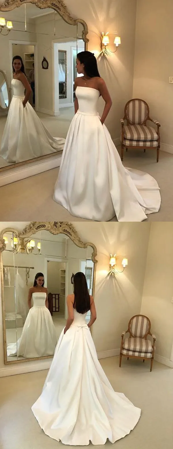 Simple Ivory Satin Strapless With Pockets Ball Gown Wedding Dresses,DB0180