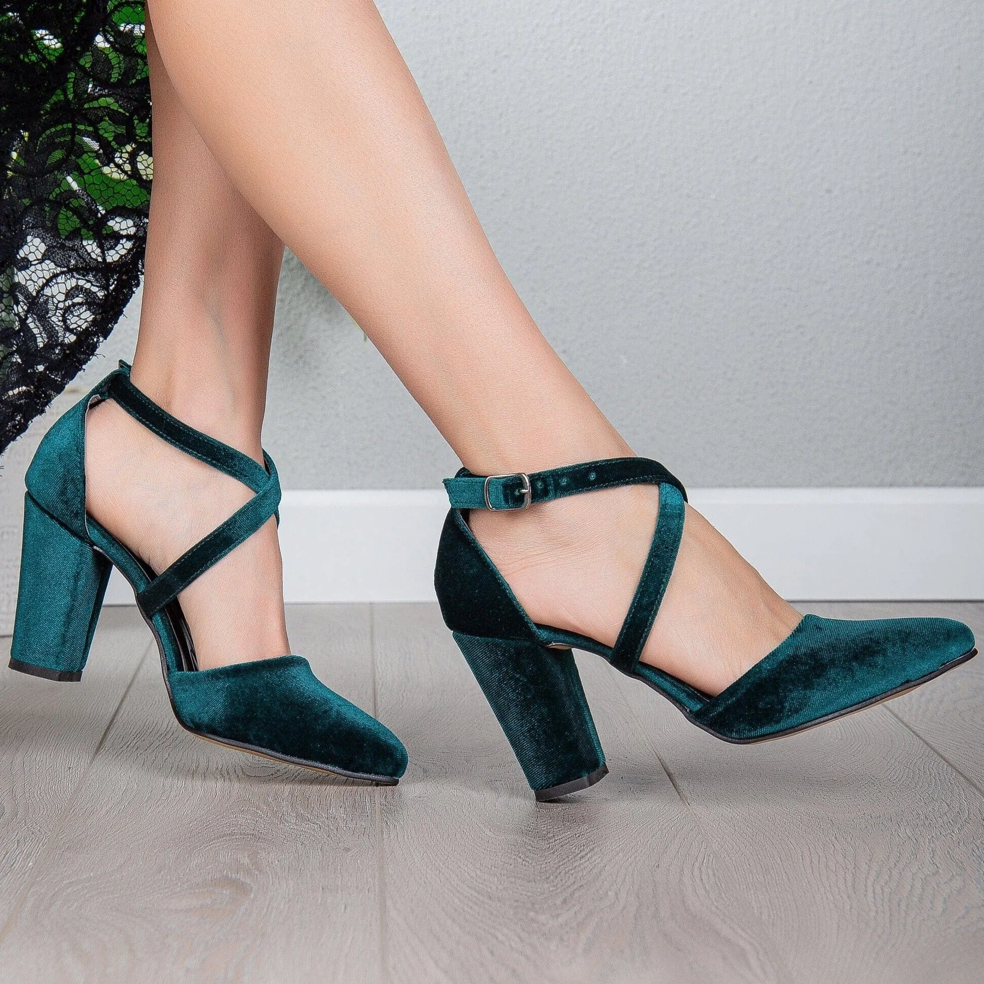 Sina Vegan Velvet Strappy Heels | Green