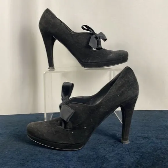 Stuart Weitzman Black Suede Platform Shoes with Bow Ties