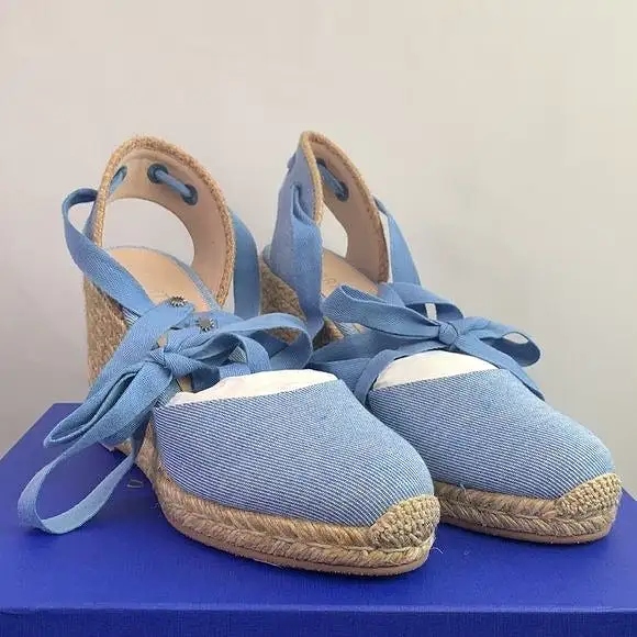 Stuart Weitzman NIB blue ankle tie straw wedges