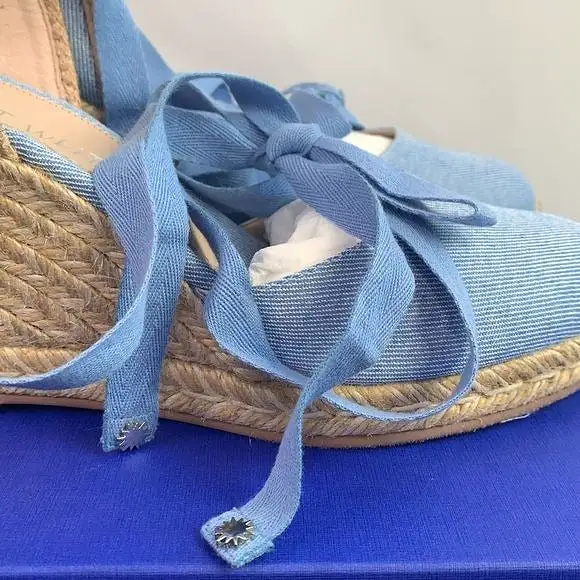 Stuart Weitzman NIB blue ankle tie straw wedges