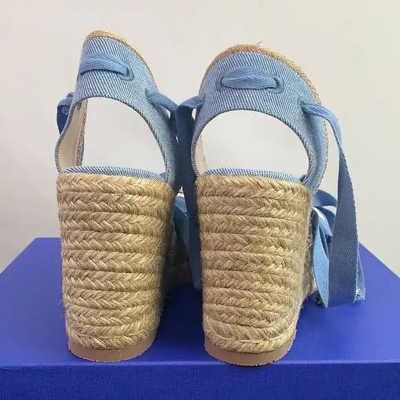 Stuart Weitzman NIB blue ankle tie straw wedges