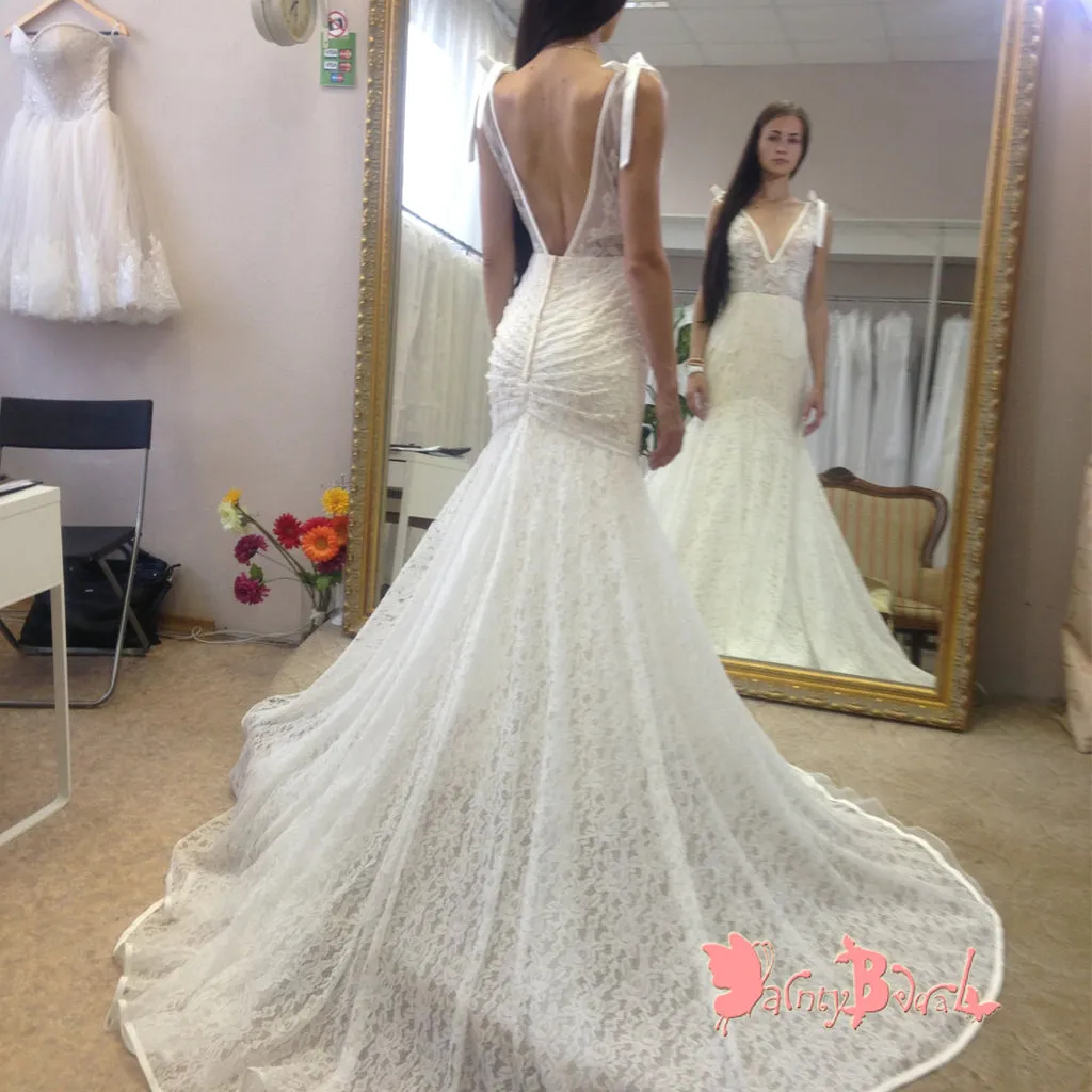 Stunning Fully Lace Backless V-neck Mermaid Pleating Bottom Vintage Popular  Wedding Dresses,DB0122