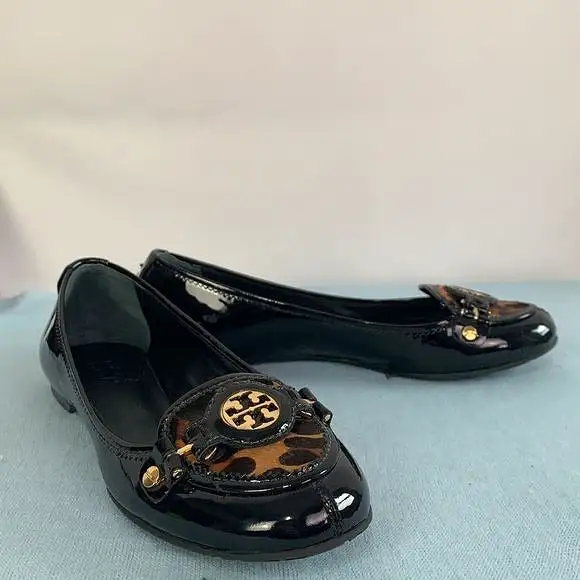 ToryBurch black patent flat with animal print