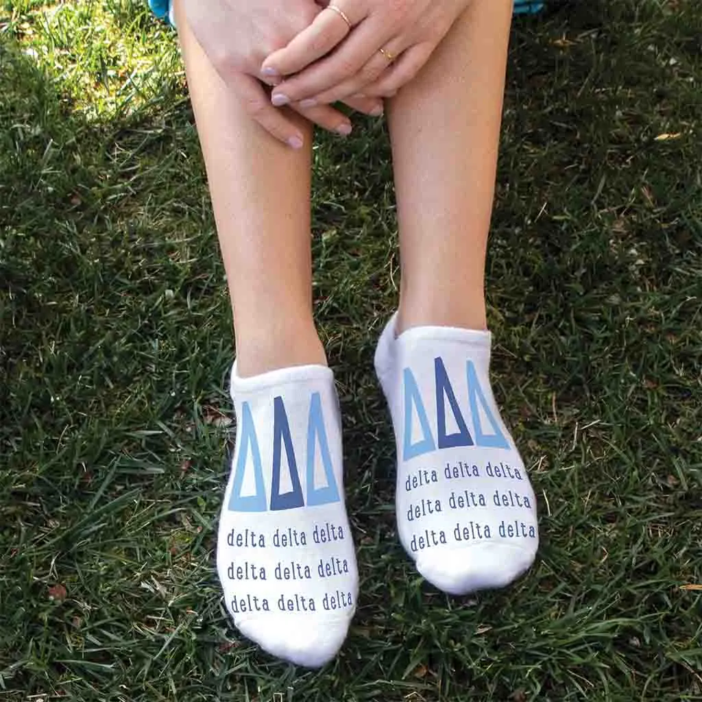 Tri Delta Sorority Socks with Large Greek Letters, Printed on No Show Socks