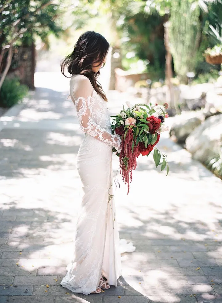 Unique Design Lace Long Sleeves Boho Wedding Dresses With Front Splits,DB0155