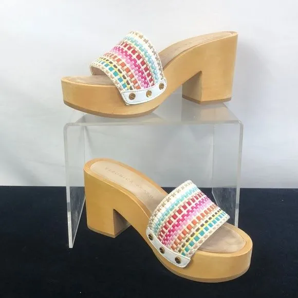 Veronica Beard White Multi Color Wood Bottom Clogs