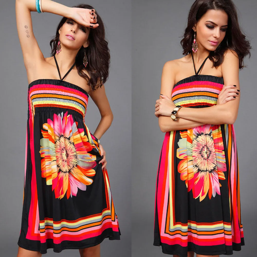 Women Bohemia Print Dress Style Sexy Condole belt Mini Club Dress Beach Dresses