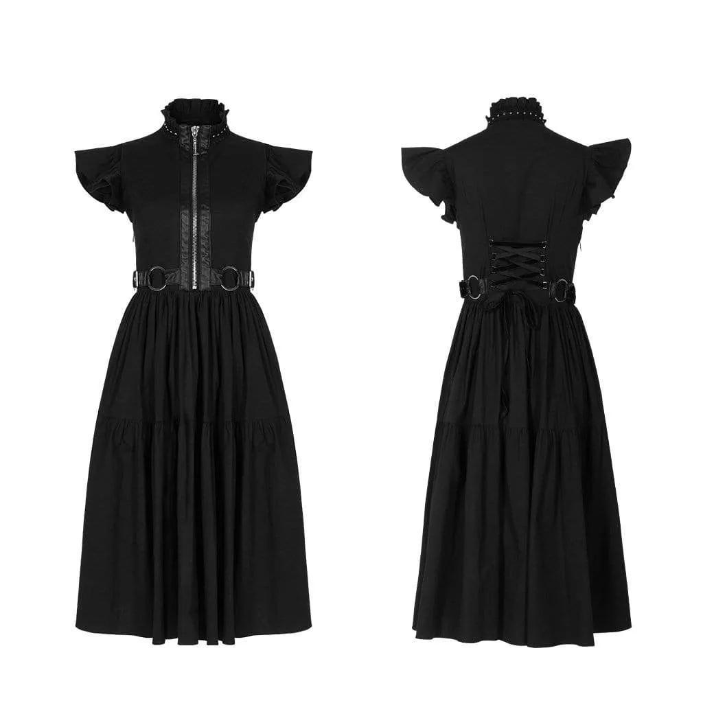 Women's Gothic Stand Collar Front Zip Back Strappy Dresses