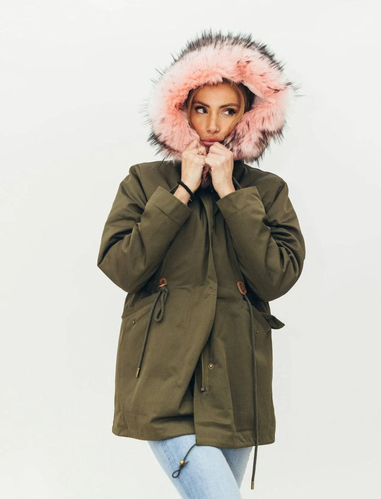 Women's Muted Green Faux Fur Parka