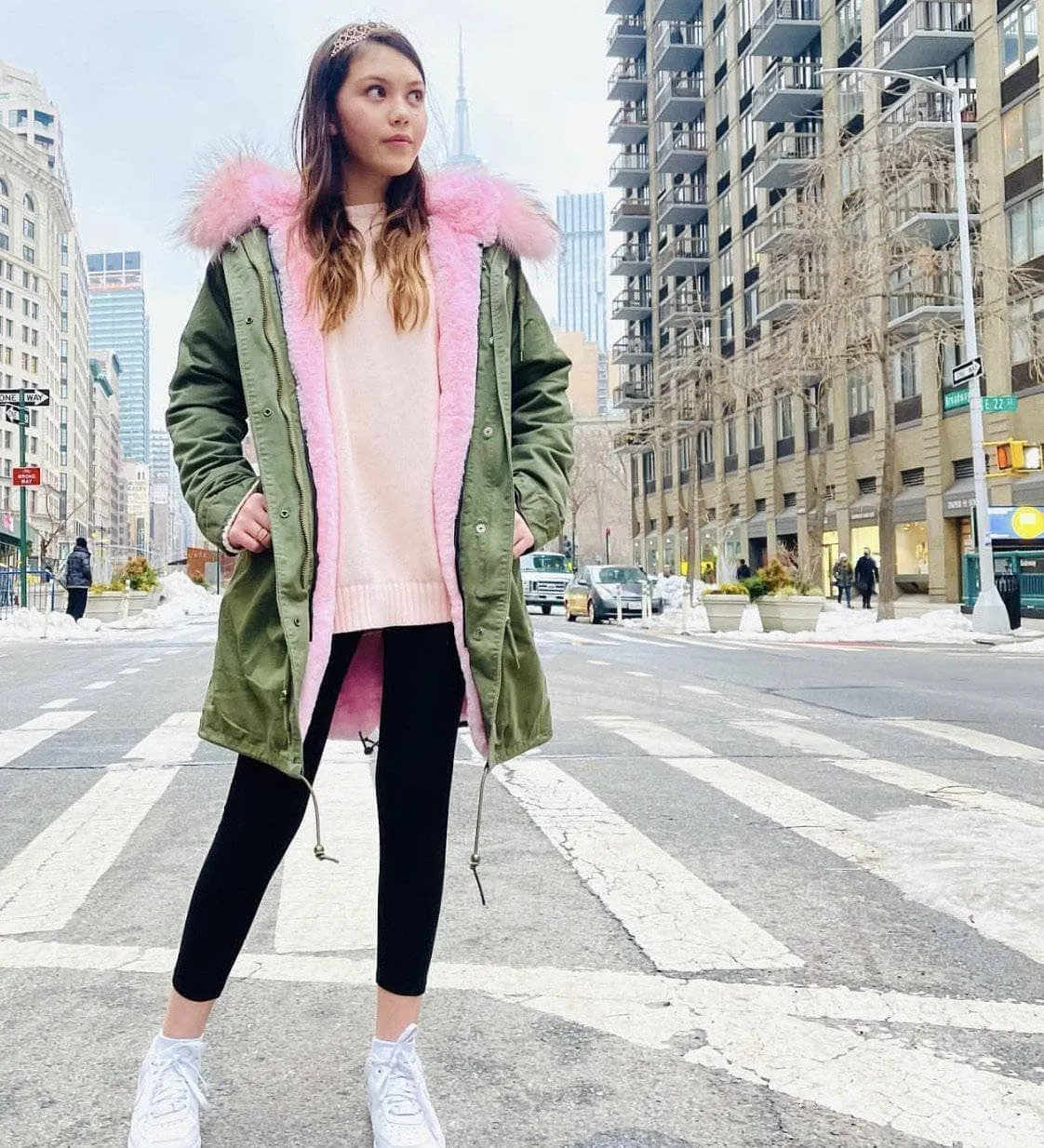 Women's Muted Green Faux Fur Parka