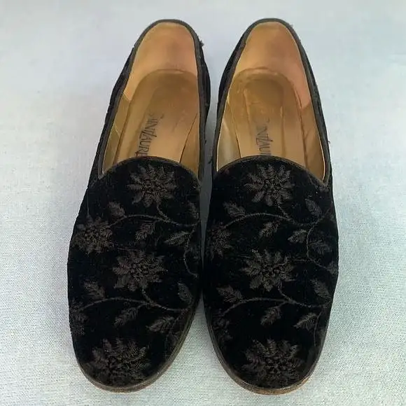 YvesSaintLaurent black floral velvet flats