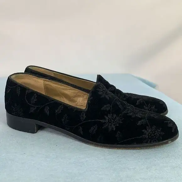 YvesSaintLaurent black floral velvet flats